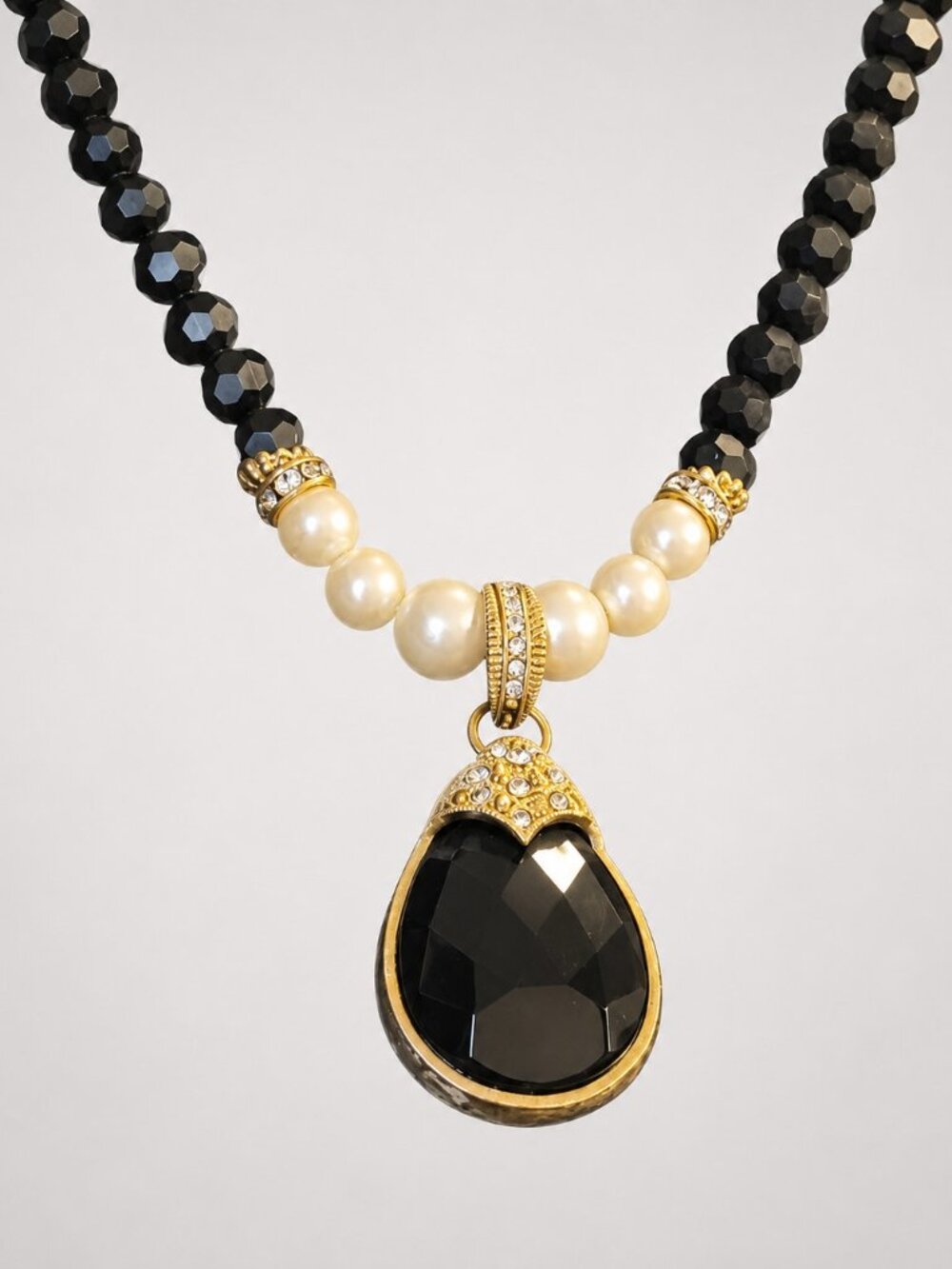 Vintage 1928 Pendant Beaded Necklace Black White Rhinestone Faux Pearl 16" bk131